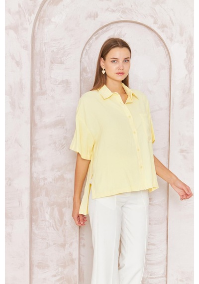 Darlin Moda Kadın Sarı Bol Kesim Kısa Kollu Gömlek Dm9005 Sarı