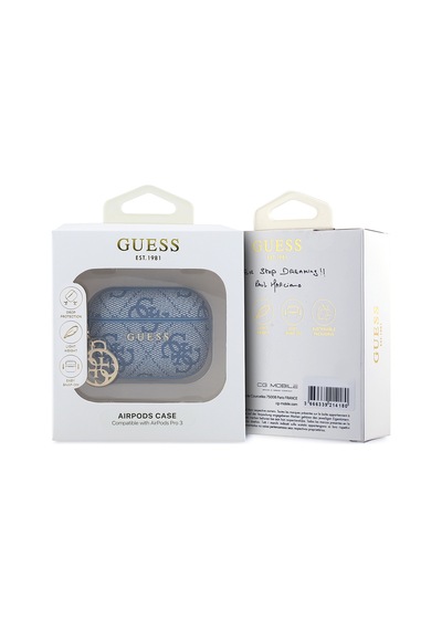Airpods Pro 3 Uyumlu Kılıf Guess l Lisanslı Pu Deri 4g Desenli 4g Sade Askılı Kılıf Mavi