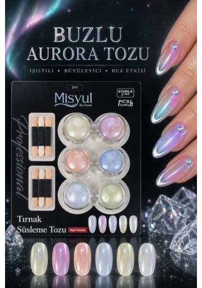 Misyul Buzlu Aurora Tozu Seti Kuzey Işıkları Efektli Kristal Nail Art Tırnak Süsleme Tozu 6'lı