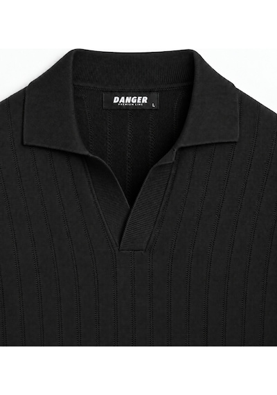 Danger Erkek Polo Yaka Fitilli Triko Kazak Siyah