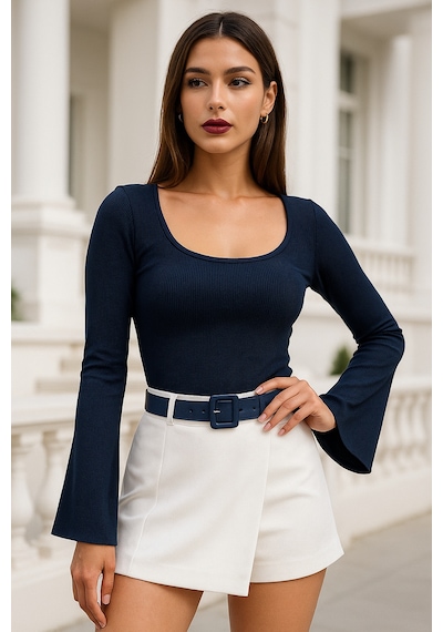 Rich Kadın Lacivert Soft Touch Fitilli Çan Kollu Bluz Lacivert