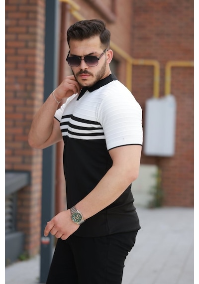 Erkek Çizgi Desenli Yakalı Kısa Kollu T-shirt Siyah - Beyaz