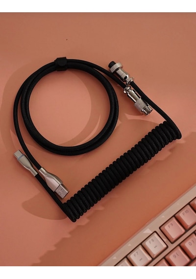 Mekanik Klavyeler İle Uyumlu Coiled Cable- Örgülü Sarmal Type-c Klavye Kablosu Black