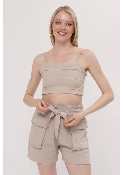 Hgfashion İkli Crop Şort Takımı Bej Rengi Bej
