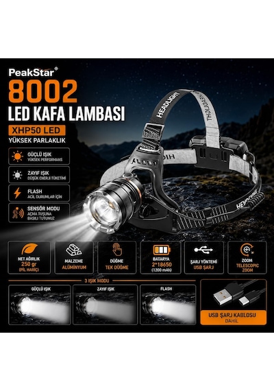 Peakstar Ps-8002 Sensörlü Zoomlu Profesyonel 3000 Lümen Xhp50 Led Usb'li Şarjlı Kafa Lambası Gümüş