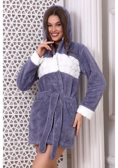 Wordex Fawn 3310 Welsoft Polar Peluş Kadın Kapşonlu Yumoş Sabahlık Gri