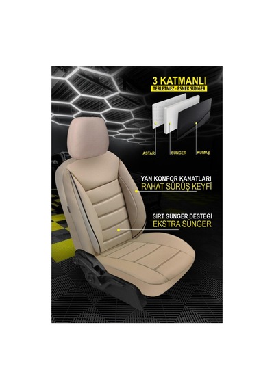 Tegin Jetdrive Ticari Araç 2+1 Üniversal Bej Deri Koltuk Kılıfı Tam Set 5 Koltuk Airbag, Cepli