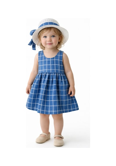 Chicsy Baby Tatlı Kız Bebek Ekose Tarz Elbise Şapkalı Fiyonk Detaylı Yazlık 2 Li Kombin Lacivert