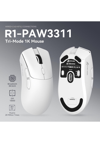 R1 59g Superlıght Fare, Pixart Paw3311 Oyun Sensörü, Bt/2.4g Kablosuz/kablolu Oyun Faresi, 18000'e Kadar 6 Ayarlanabilir Dpı, 65 Saat Pil Beyaz