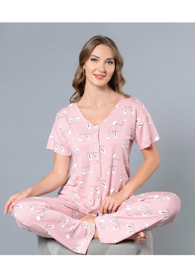 Boydan Düğmeli Gömlek Yazlık Kısa Kol Yakasız Pijama Takımı Dowry 08-117 Pudra