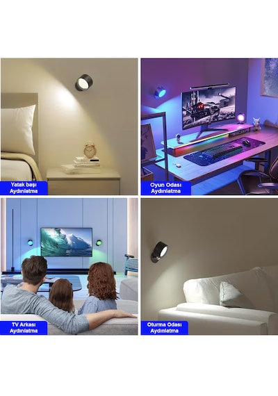 Greentech 14 Renk Dokunmatik 360 Dönebilen Magnetli Şarjlı Led Aplik - 2 Adet / Gt-cl21 Siyah