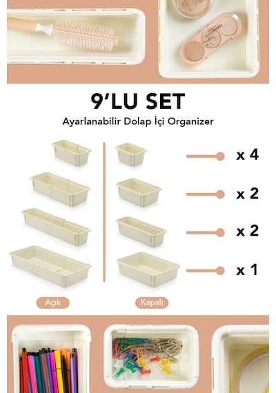 9'lu Uzayan Dolap İçi Düzenleyici - Çok Amaçlı Banyo Mutfak Ofis Çekmece İçi Organizer Set Krem