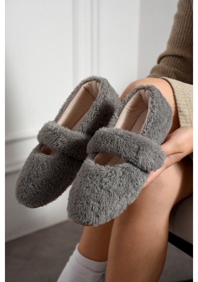 N Moda Ultra Yumuşak Peluş Kadın Ev Babeti Ses Yapmaz Hafif Taban Panduf Gri
