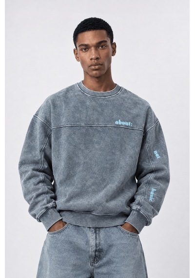 Respire Erkek About Baskılı Yıkamalı Oversize Sweatshirt Gri