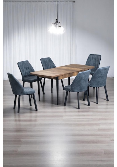 Luna Ceviz 80 x 132 Açılabilen MDF Masa Siyah Metal Ayaklı Mutfak Masası 6 Kot Desen Füme Sandalye Luna Ceviz 80 x 132 Açılabilen MDF Masa Siyah Metal Ayaklı Mutfak Masası 6 Kot Desen Füme Sandalye