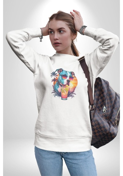 Tatil Köpek Soğuk Kokteyl İçeçek Unisex Beyaz Baskılı Sweatshirt Beyaz