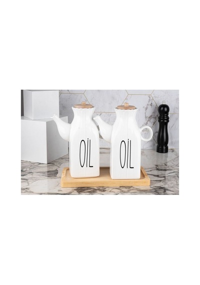 Bambu Standlı Kare 2 Li Porselen Herbiri 1000 Ml Yağdanlık Set 3 Lü Yağdanlık Takım Beyaz Beyaz
