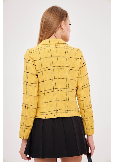 Armonika Kadın Hardal-siyah Kruvaze Yaka Tüvit Crop Ceket Arm-24k001014