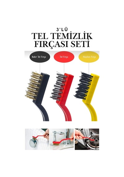 3'lü Mutfak Temizlik Tel Fırçası Seti Yağ Kir Pas Sökücü Kireç Izgara Fırın Ocak Lavabo Temizleme Mini Çelik Bakır Pirinç Naylon Tel Fırça Seti Tezgah Derz Aspiratör Izgara Demir Paslanmaz Temizleyici