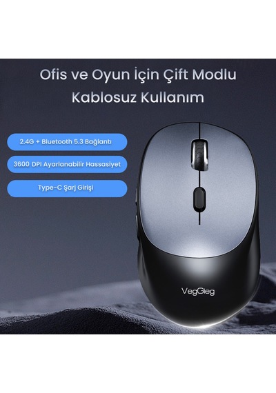 Veggieg G880 Dual-mode Bluetooth 5.3 Ve 2.4ghz 3600dpı Optik Kablosuz Mouse Gri Diğer