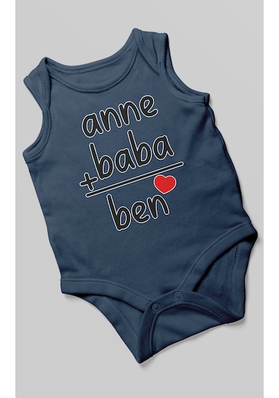 Anne Baba Ve Ben Baskılı Bebek Zıbını Çıtçıtlı Body %100 Pamuk Sıfır Kol Lacivert