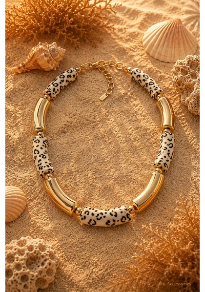 Leopar Gold Uyumlu Kemik Çelik Kolye Altın