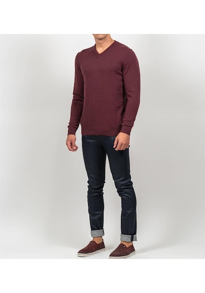 Erkek V Yaka Triko Slim Fit Pamuklu Kazak Ncs Jeans 3002-Bordo