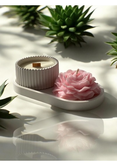 Bernami Mumluk Şamdanpinterest Dekoratif Oval Tabak & Şakayık Mum & Beton Çizgili Mumluk Set Diğer
