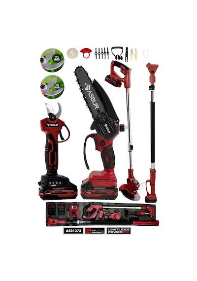 Assur 4'lü Set 21V Çift Akülü Teleskopik Dal Budama Makinesi & Şarjlı Tırpan Çim Biçme Makinesi Kırmızı - 2879