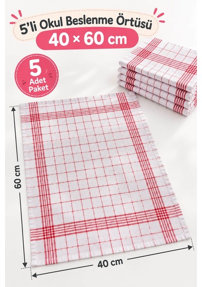 5'li Okul Beslenme Örtüsü Çizgili 40x60 Cm Yıkanabilir Kırmızı