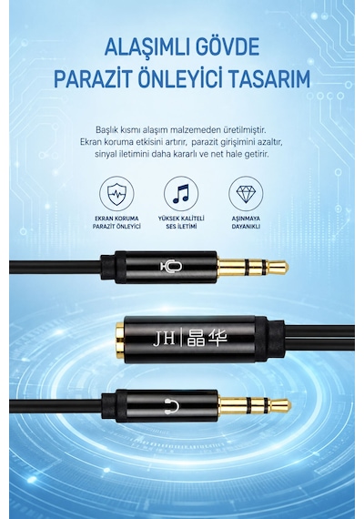 1 Dişi 2 Erkek 3.5mm Aux Kulaklık Ve Mikrofon Ses Ayırıcı Kablo - 1x 3.5mm Dişi To Erkek 2x 3.5mm Siyah