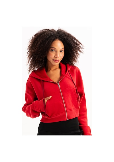Justever Crop Kapüşonlu Fermuarlı Kanguru Cepli Şardonlu Hoodie Kırmızı Kadın Sweatshirt - Lumen Kırmızı