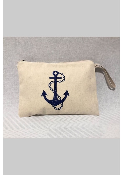 Obidev Tahta Baskı Çapa Desenli Clutch ,portföy Çanta,makyaj Çantası Krem