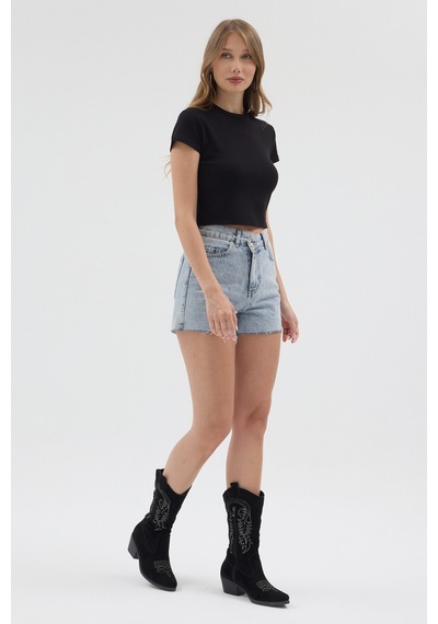 Urbantrendstore Kadın Bisiklet Yaka Likralı Kısa Kol Body Crop Bluz Günlük Şık Sade Yazlık Casual Crop Kadın Crop Siyah