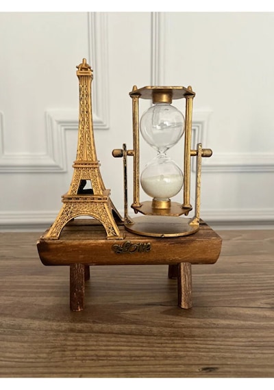 Eyfel Kulesi Cam Kum Saati Dekoratif Biblo Figür Ahşap Standlı Modern Ev Dekorasyon Hediyelik Eşya 20x14cm