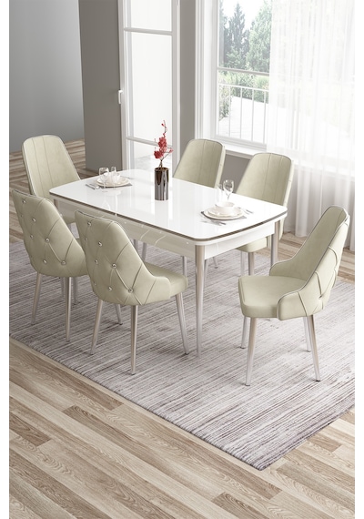 Canisa Tia Serisi 80x132 Açılabilir Mdf Mutfak Masası Takımı Beyaz Masa Krom Detay 6 Krem Sandalye Masa Beyaz Sandalye Krem Canisa Tia Serisi 80x132 Açılabilir Mdf Mutfak Masası Takımı Beyaz Masa Krom Detay 6 Krem Sandalye Masa Beyaz Sandalye Krem