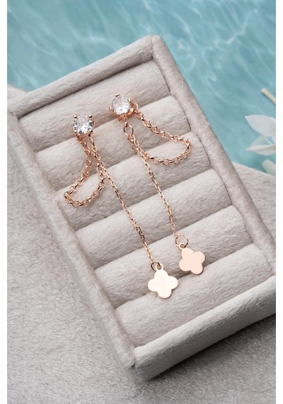 925 Ayar Gümüş Rose Kaplama 5 Mm Tektaş Sallantılı Zincir Sade Yonca Model Küpe Rose