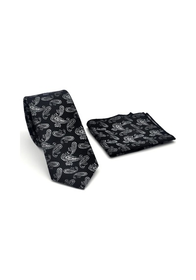 Gaffy Gri Şal Desenli Siyah Dokuma Kumaş Mendilli Slim Fit Kravat // Sdk-2507-1 Siyah