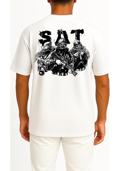 Bahriyeli Collection Oversize Effective Sat Cep Ve Sırt Baskılı Unisex T-shirt Beyaz
