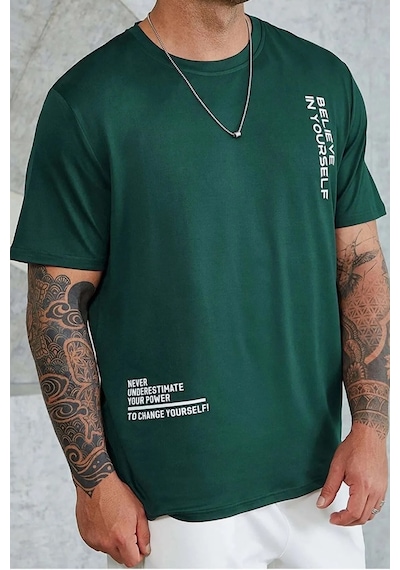 Erkek Belive İn Yourself Baskılı Oversize Tshirt Yeşil