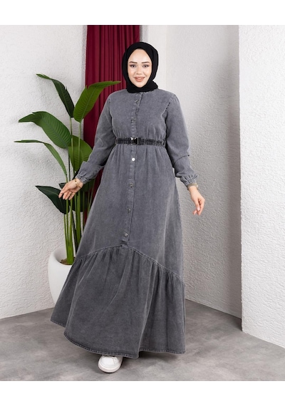 Hb Harma Time Butik Kadın Düğmeli Kuşaklı Denim Koyu Gri Kot Elbise