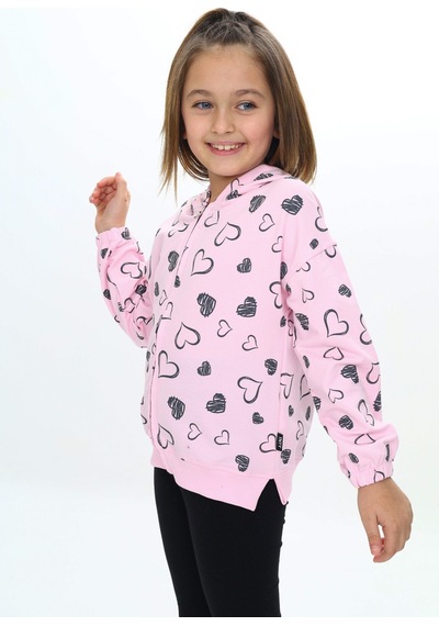 Toontoy Kids Toontoy Kız Çocuk Kapüşonlu Fermuarlı Komple Kalp Baskılı Örme Hırka Pembe