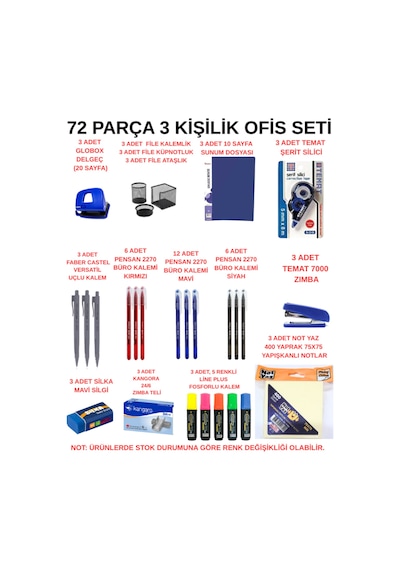 3 Kişilik 72 Parça Ofis Seti / Masaüstü Kırtasiye Ve Ofis Düzenleme Seti Çok Renkli