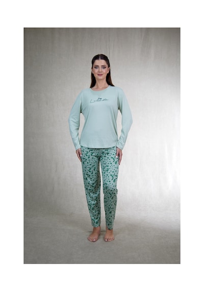 Estiva Kadın Flora Alt Desenli Soft Uzun Kollu Pijama Takımı Yeşil