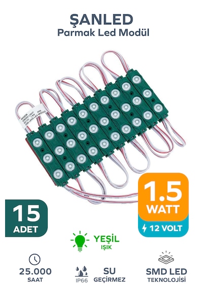 3 Ledli Parmak Led Modül 1.5w 2835 Smd Mercekli Yeşil Renk 12v 15 Adet