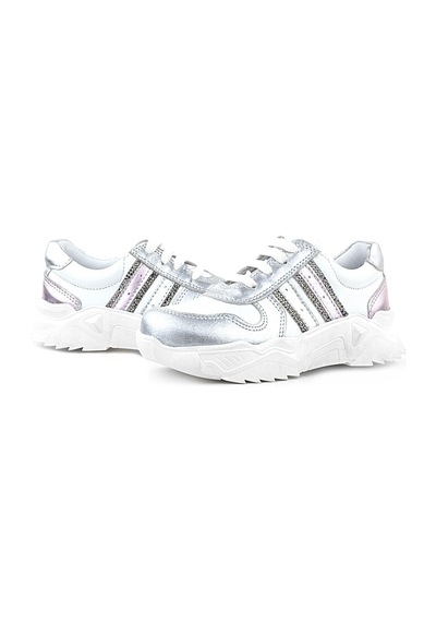 Rakerplus Hakiki Deri Gümüş Pembe Parlak Taşlı Kız Çocuk Sneakers Ayakkabı GÜMÜŞ
