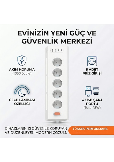 5'li Gece Lambalı Priz Akım Gerilim Korumalı Çoklu Priz 2xusb 2xtype-c Çıkışlı Uzatma Priz Çoğaltıcı 2 M