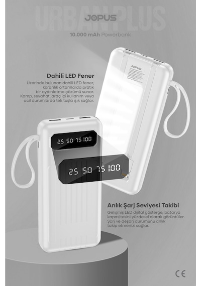 10000mah Powerbank Dahili Kablolu, Lcd Ekranlı, Led Lambalı, Taşınabilir Şarj Cihazı Beyaz