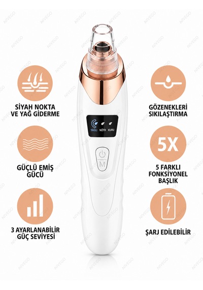 Ahm Vakumlu Derma Siyah Nokta Temizleme Cihazı Lcd Ekranlı 5 Başlıklı 3 Kademeli Güç Ayarlı Usb Şarjlı Gözenek Temizleyici Yüz Bakım Cihazı