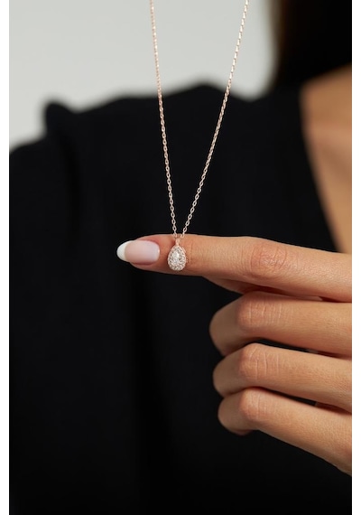 Roza Silver Zirkon Taşlı Rose Minimal Damla Anturaj Gümüş Kolye